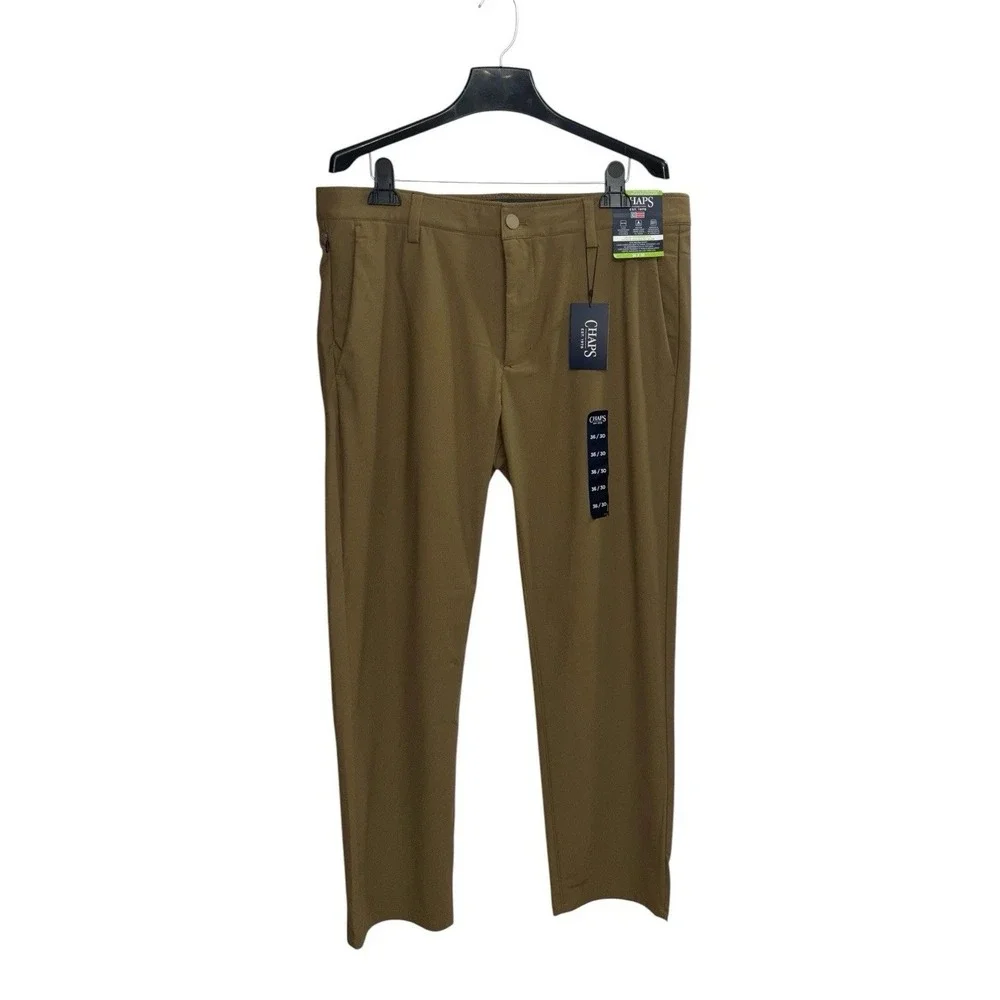 NWT Chaps 36x30‎ Everyday Performance Chino Pants Slim Tapered Tan Golf Trousers